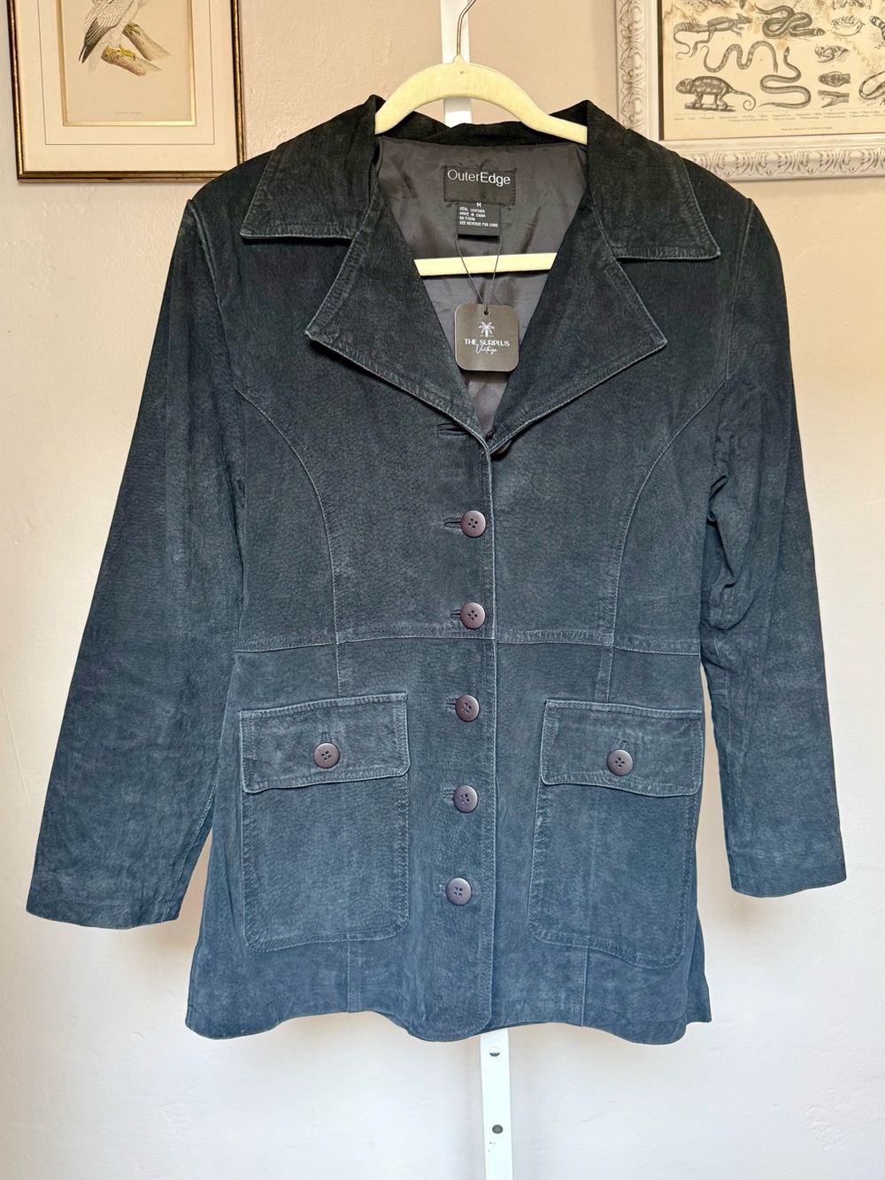 Outer Edge Women's Black Button-Front Suede Leather Jacket Size M